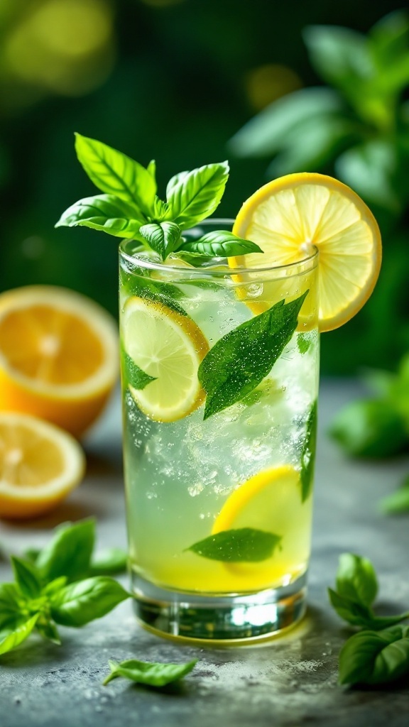 A refreshing Lemon Basil Derby Mocktail with lemon slices and fresh basil