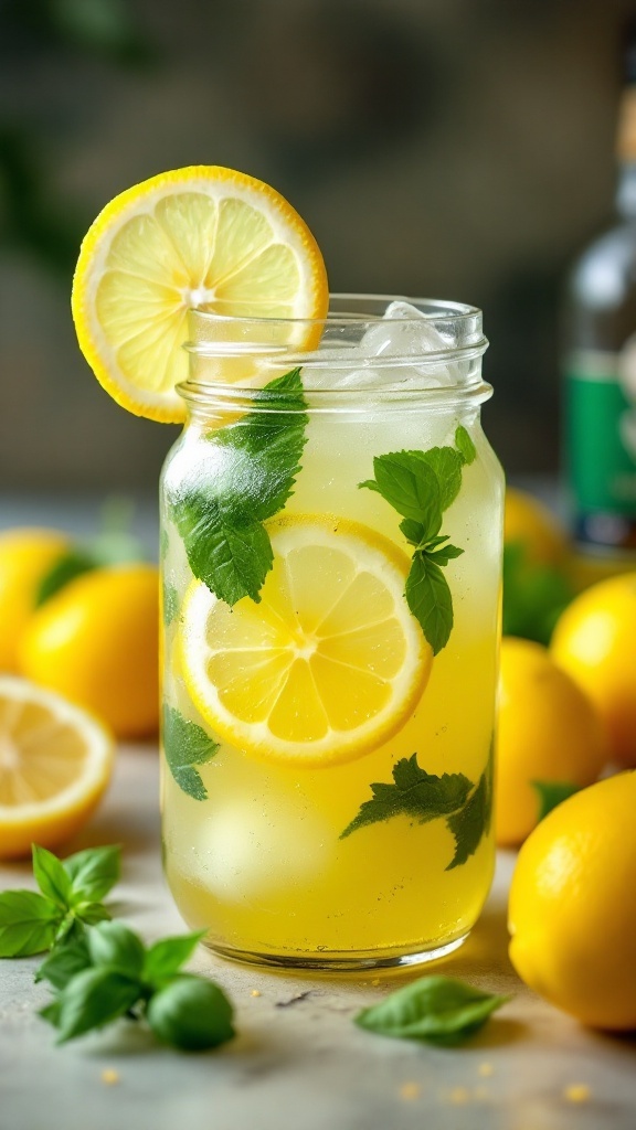 Lemon Basil Fizz Mocktail with lemon slices and basil leaves in a jar