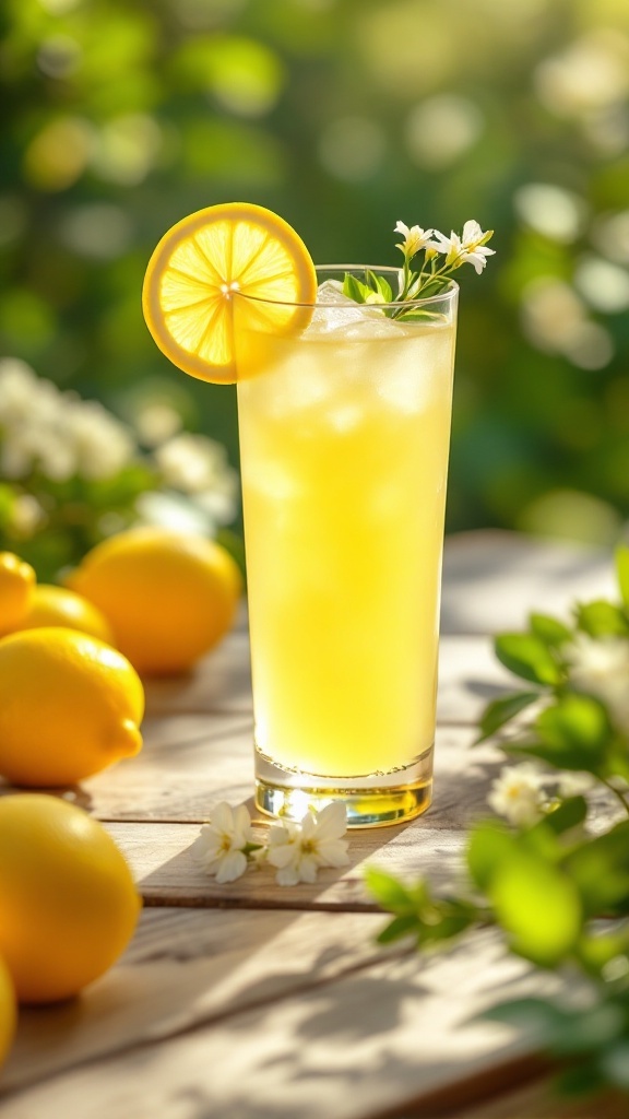 A refreshing Lemon Blossom Mocktail garnished with a lemon slice and flowers, surrounded by fresh lemons.