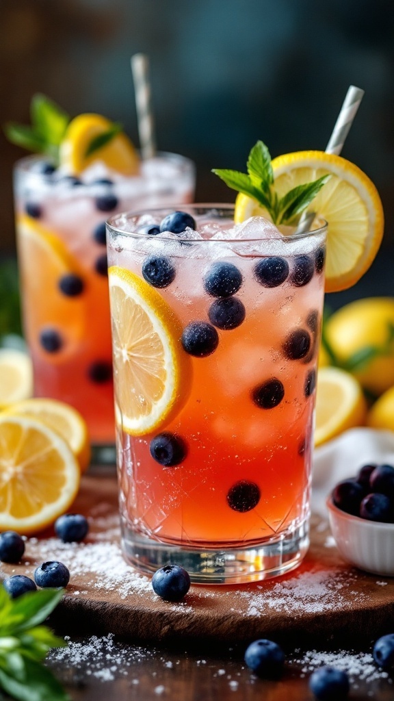Lemon Blueberry Graduation Punch Mocktail in a glass with blueberries and lemon slices