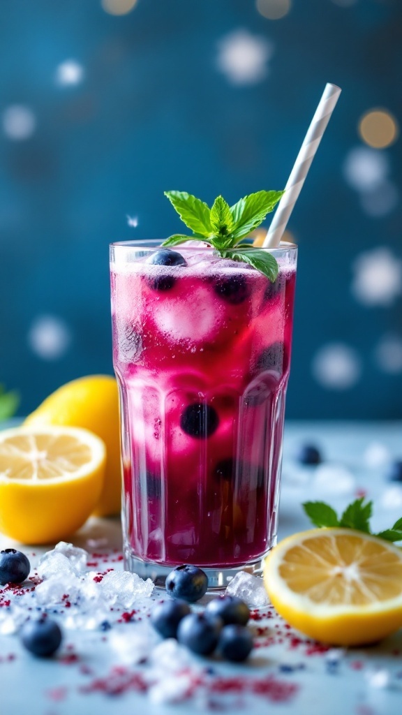 A colorful glass of Lemon Blueberry Mocktail with a straw, surrounded by fresh lemons and blueberries.