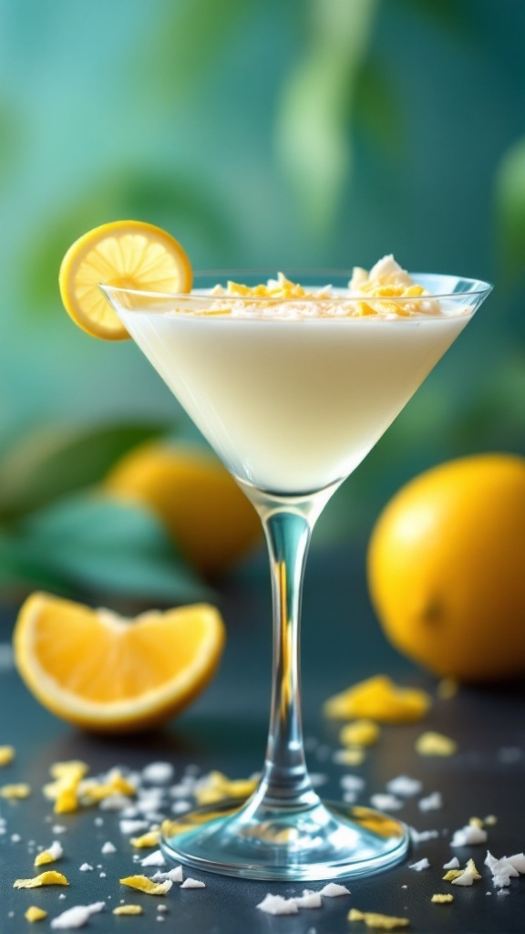 A refreshing lemon coconut mocktail garnished with a lemon slice and coconut flakes.
