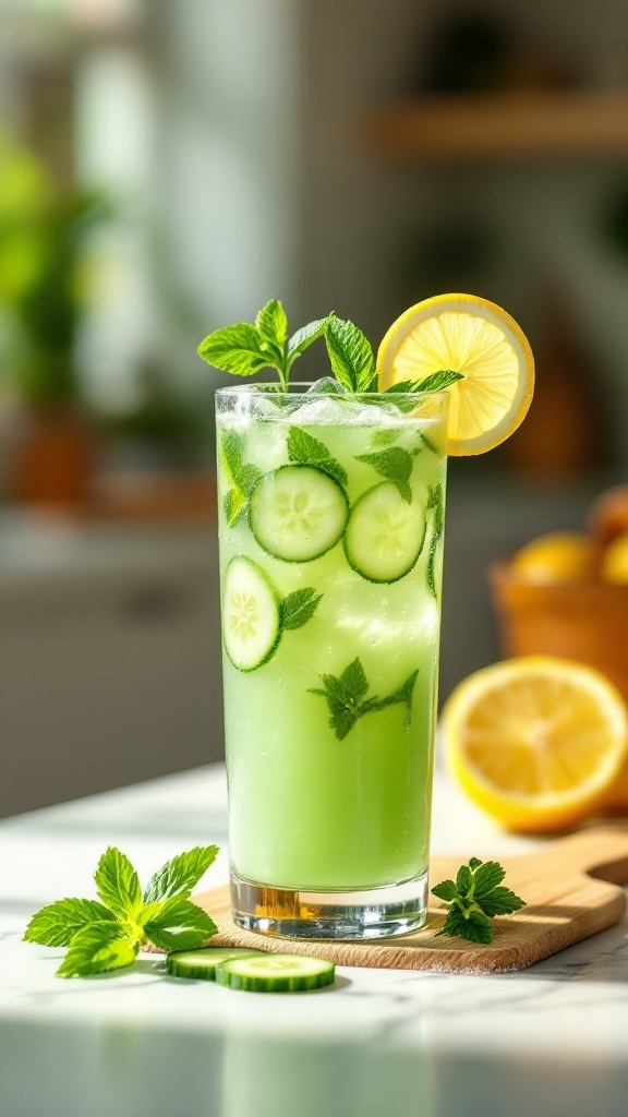 A tall glass of Lemon Cucumber Mint Juice garnished with lemon slices and mint leaves.