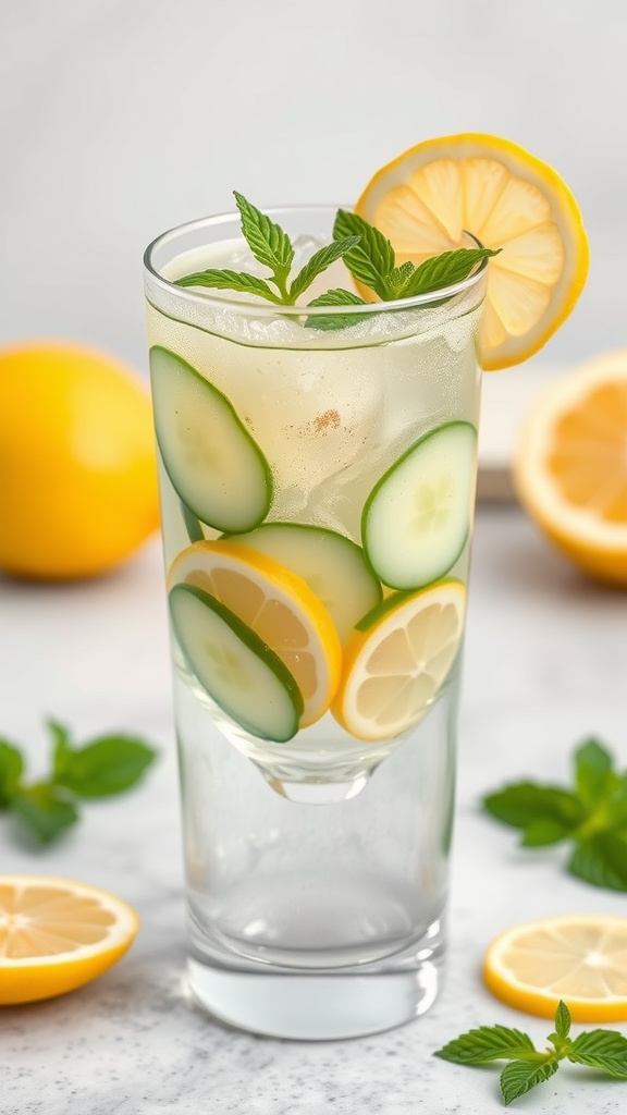 A refreshing Lemon Cucumber Sparkling Mocktail with lemon and cucumber slices.