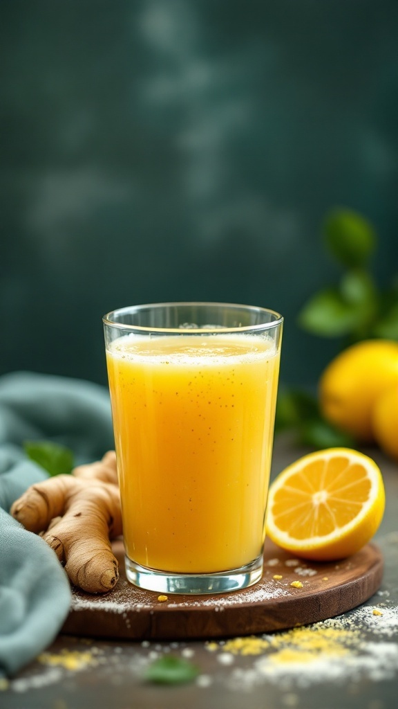 A glass of Lemon Ginger Gut Tonic Juice with ginger and lemon slices