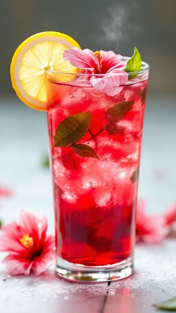 A vibrant Lemon Hibiscus Fizz Mocktail garnished with lemon and hibiscus flowers.