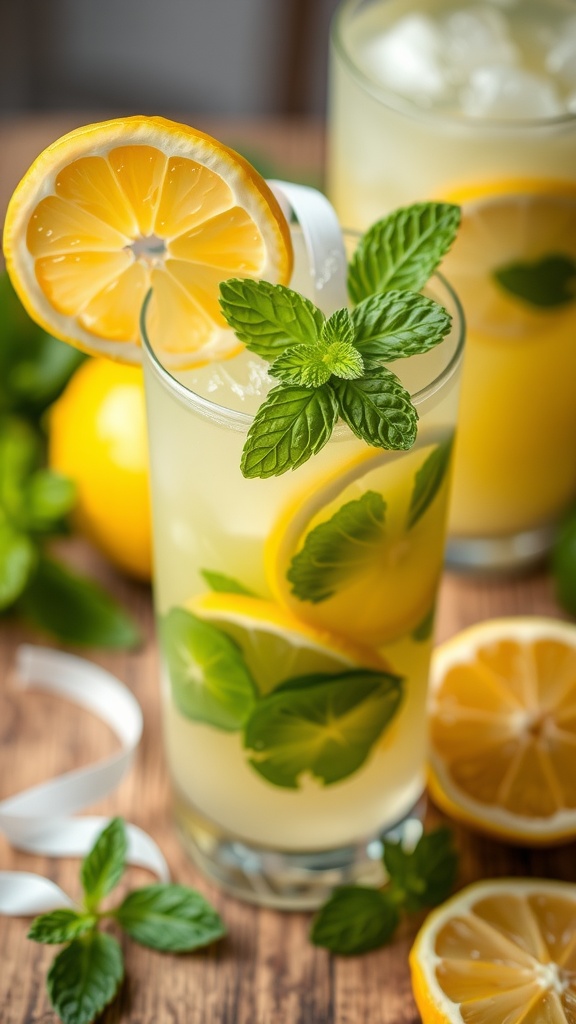 A refreshing lemon lime mocktail garnished with mint leaves and lemon slices