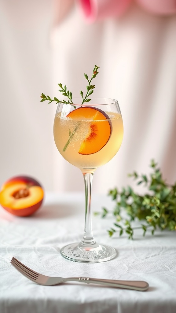 A refreshing Lemon Peach Fizz Mocktail with a slice of peach and a sprig of herbs