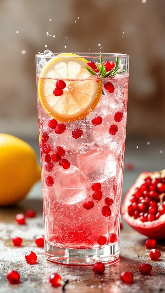 A glass of lemon pomegranate mocktail garnished with lemon slices and pomegranate seeds.