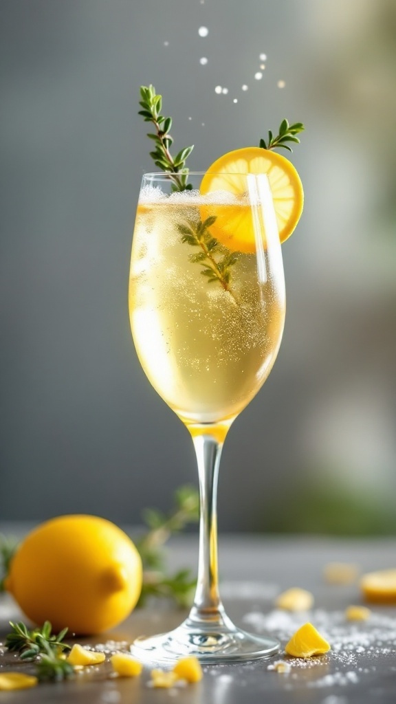 A glass of Lemon Thyme Sparkler mocktail garnished with a lemon slice and thyme sprig, with fresh lemons in the background.