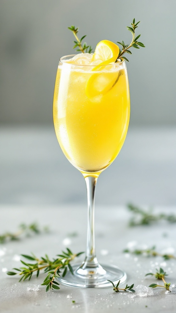 A glass of Lemon Thyme Sparkler mocktail garnished with lemon slices and thyme.