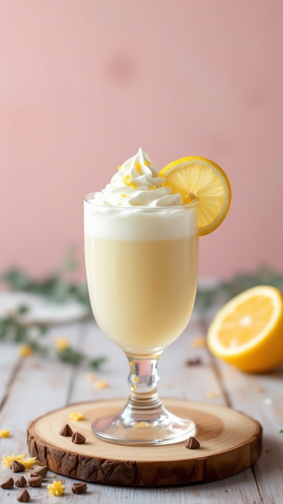 A glass of Lemon Vanilla Cream Mocktail topped with whipped cream and a lemon slice.