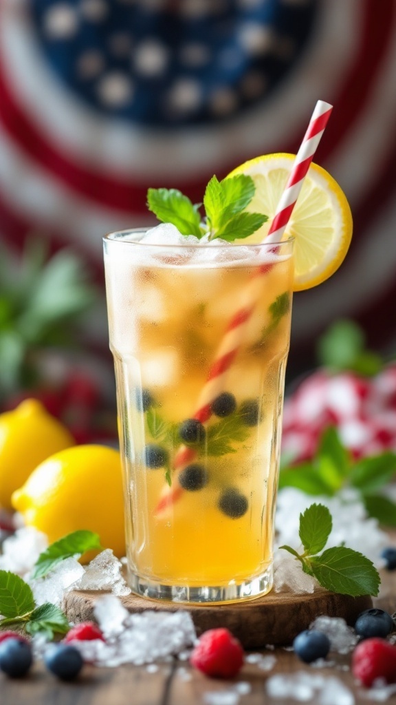 A refreshing Lemonade Iced Tea Mocktail with mint, blueberries, and a slice of lemon.