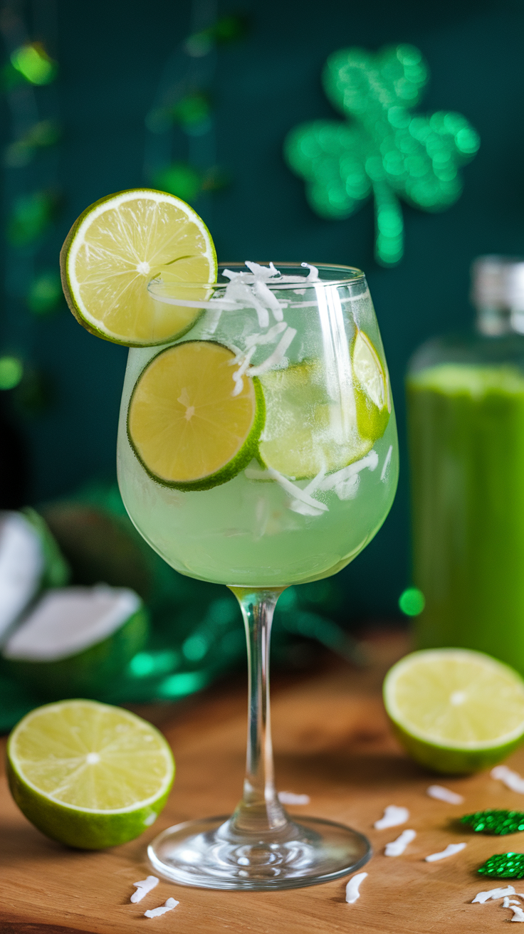 A refreshing Lime Coconut Spritz mocktail garnished with lime slices on a tropical background.
