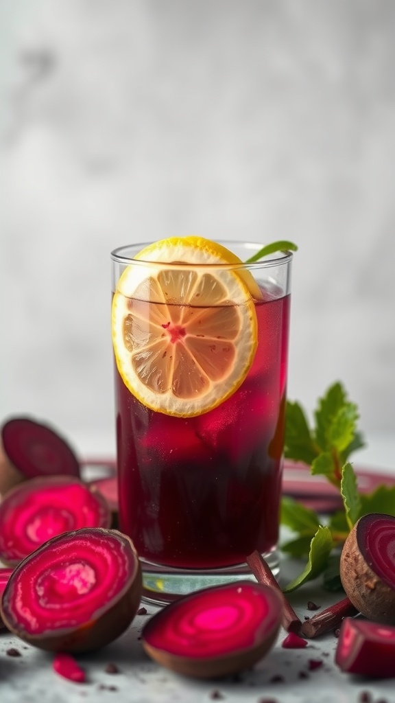 A glass of Liver Cleansing Beet-Lemon Juice garnished with a lemon slice, surrounded by fresh beets.