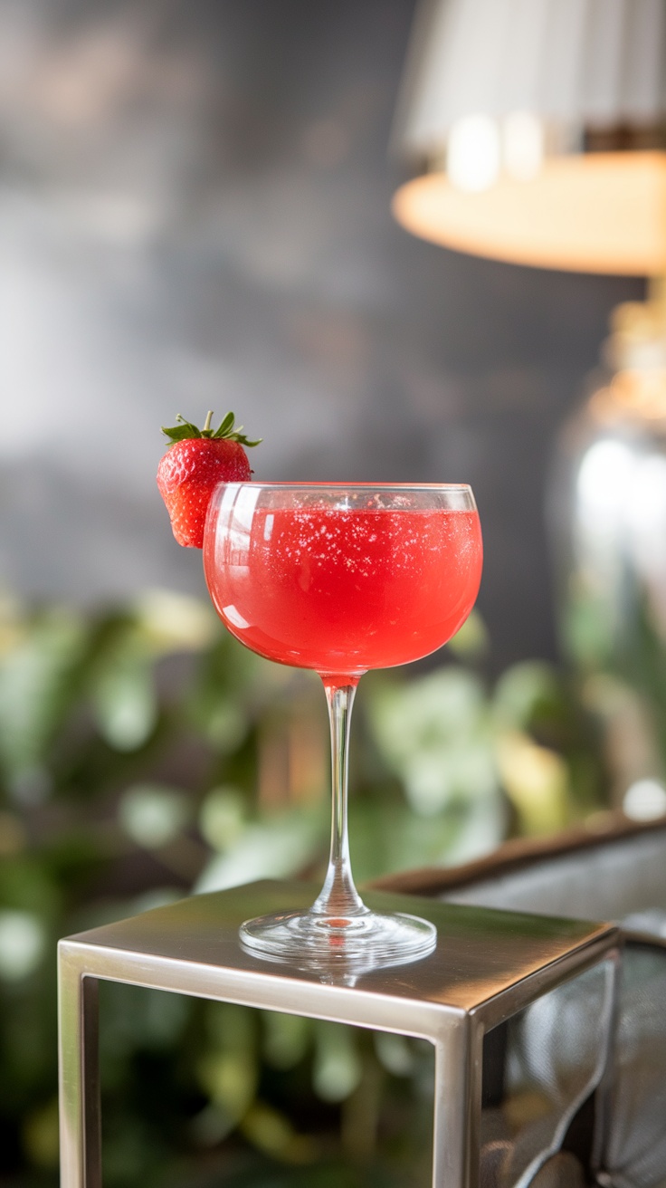 A vibrant red Love Martini Mocktail garnished with a strawberry.