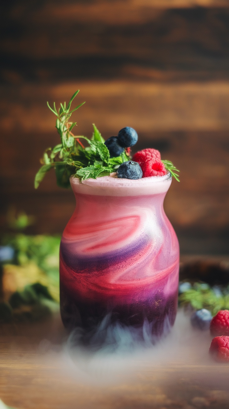 A beautifully swirled purple mocktail garnished with mint and berries.