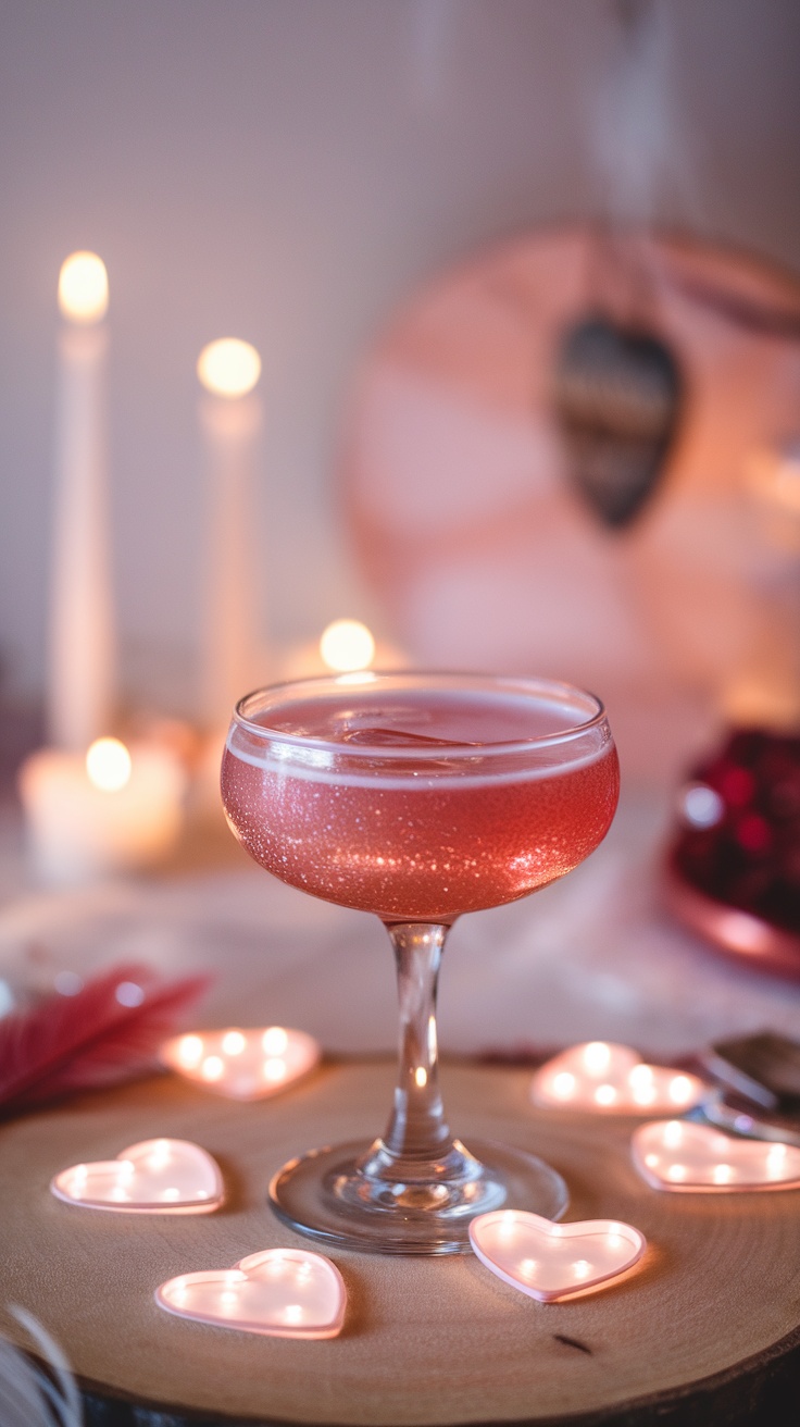 A beautiful Love Spell Mocktail garnished with heart-shaped lights, creating a romantic setting.