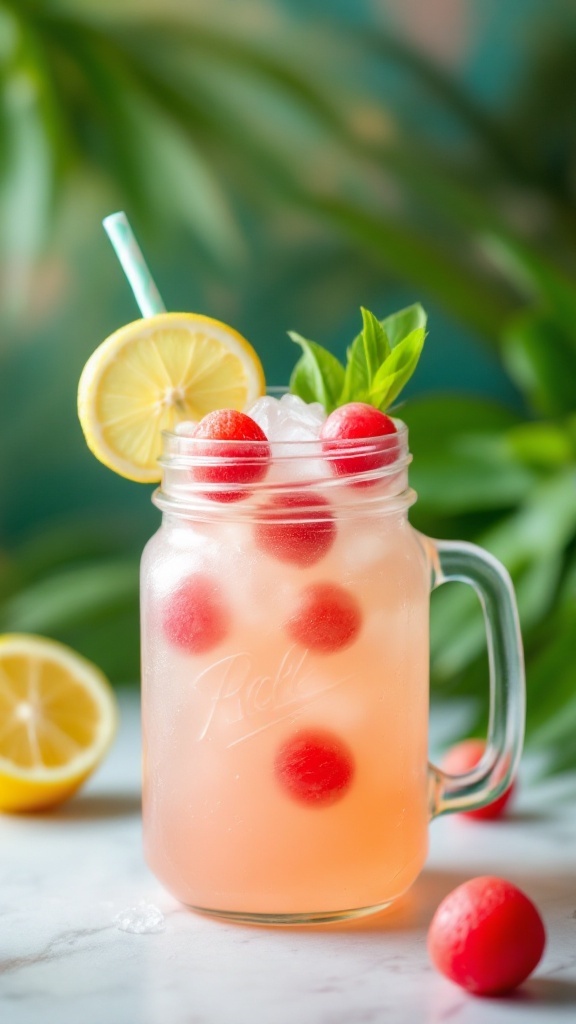 A refreshing Lychee Lemonade Mocktail in a glass with ice, garnished with lemon slices and lychee.