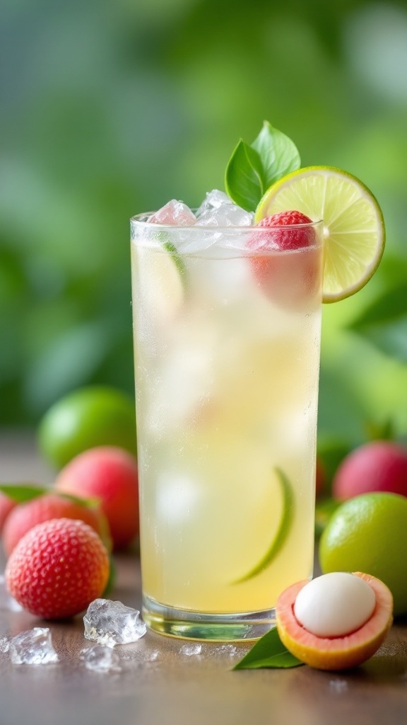 A refreshing Lychee Lime Fizz Mocktail in a glass with ice, garnished with lime and basil, surrounded by fresh lychees and limes