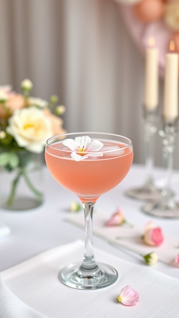 A beautifully garnished pink mocktail in a stylish glass, surrounded by flowers.