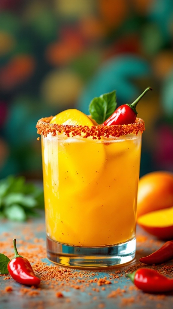 A vibrant mango chili mocktail garnished with chili peppers and green leaves.