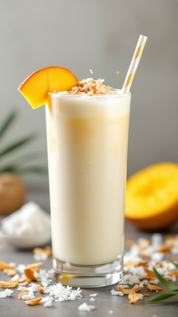 A refreshing Mango Coconut Mocktail garnished with a slice of mango and shredded coconut.