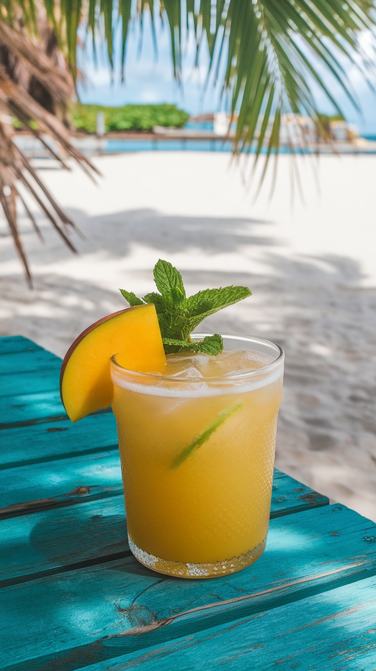 A refreshing mango lime agua fresca mocktail garnished with mint and a slice of mango.