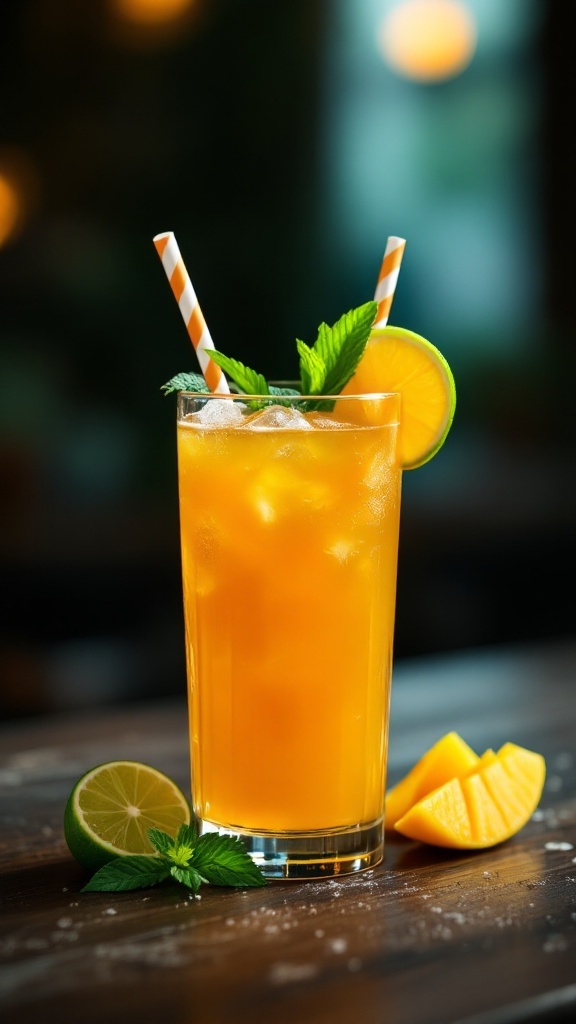 A refreshing Mango Lime Refresher mocktail served in a tall glass with a lime and mint garnish.