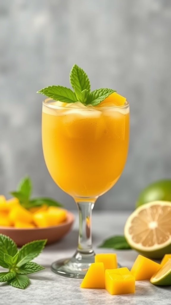 A refreshing Mango Mojito Mocktail garnished with mint leaves.