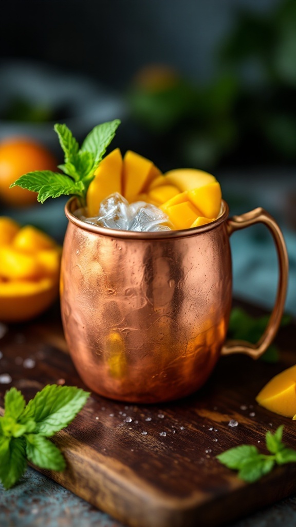 A copper mug filled with a mango mule mocktail, topped with fresh mango slices and mint leaves.