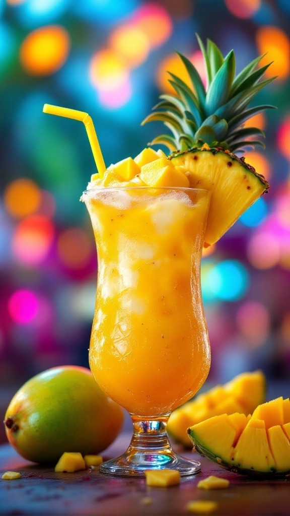 A colorful mango pineapple mocktail garnished with pineapple and mango chunks