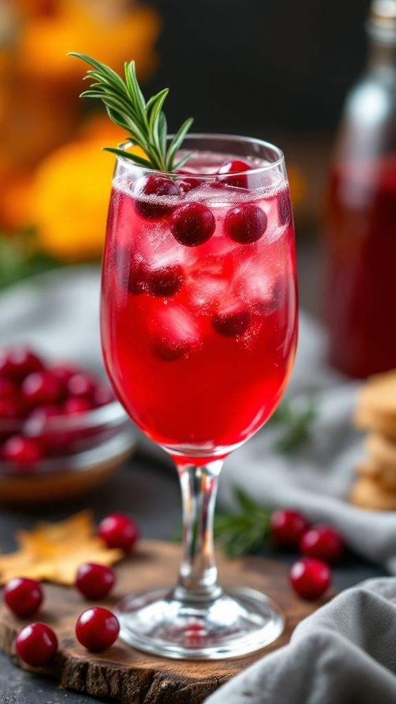 A glass of Maple Cranberry Spritzer mocktail garnished with rosemary and cranberries.