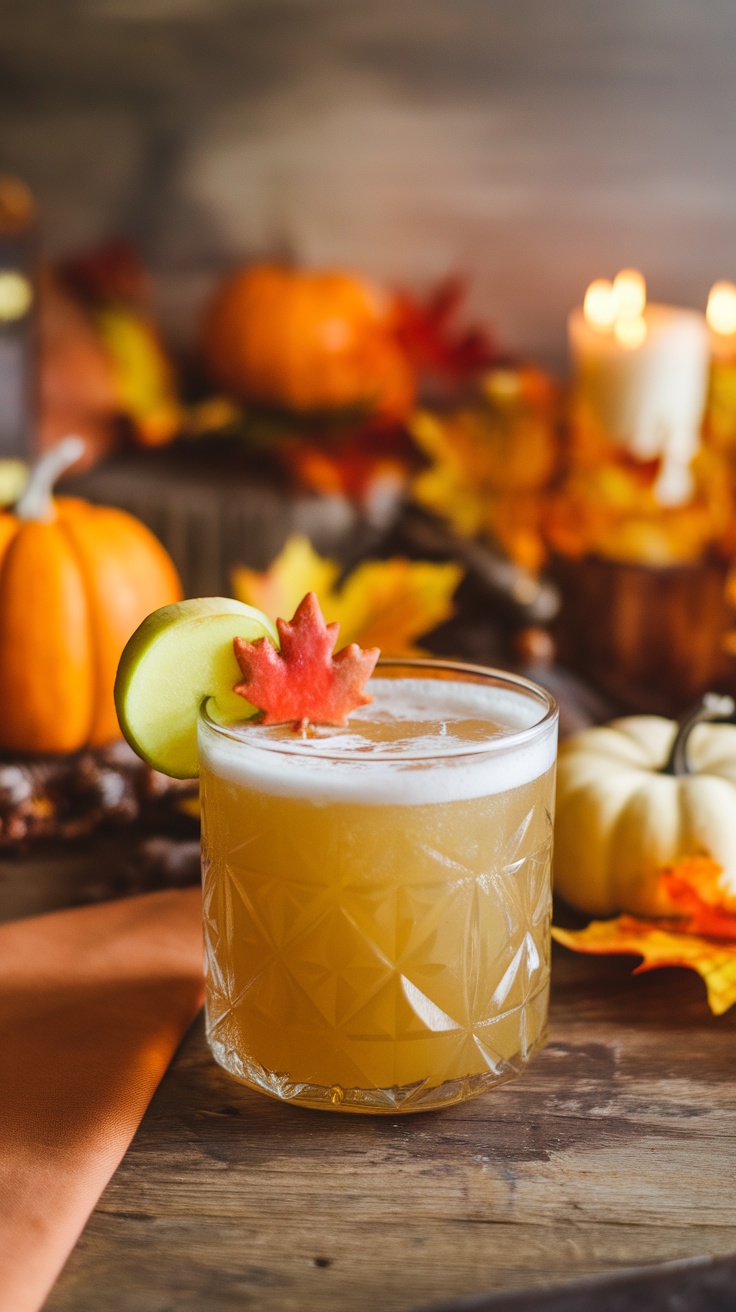 A glass of Maple Ginger Delight mocktail with a slice of apple and a maple leaf garnish, surrounded by autumn decorations.