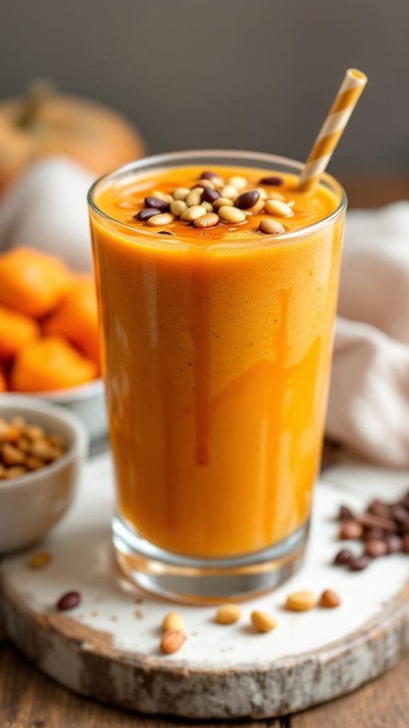 A creamy Maple Sweet Potato Smoothie topped with nuts and a straw.