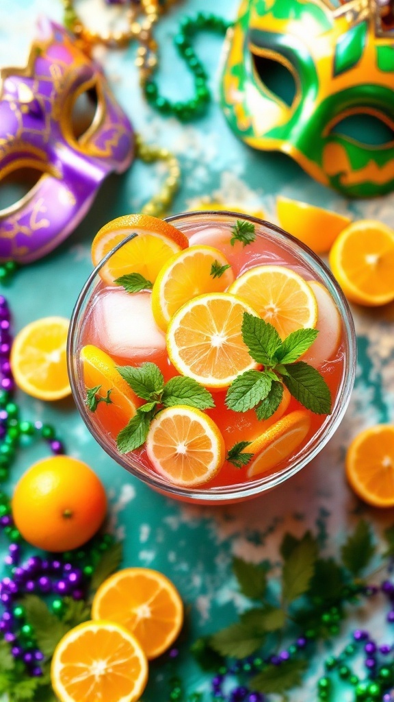 A colorful Mardi Gras Punch Mocktail surrounded by festive decorations