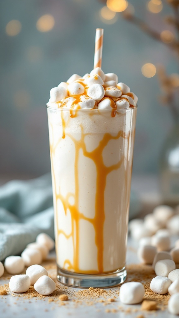 A delicious Marshmallow Float Mocktail topped with marshmallows and caramel drizzle.