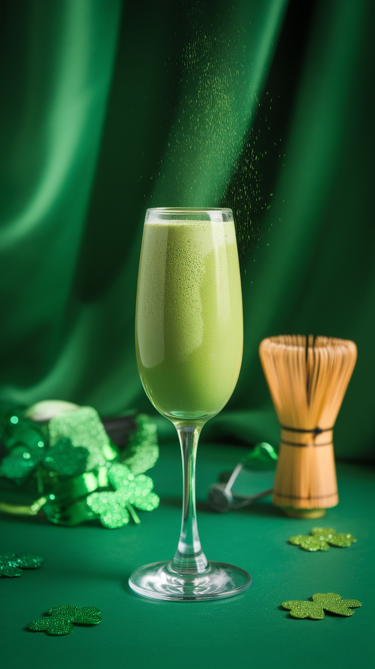 A glass of Matcha Fizz Mocktail with a whisk in the background