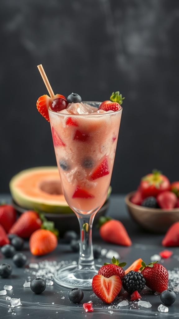 A refreshing Melon Berry Slush Mocktail served in a glass, garnished with fresh fruits.