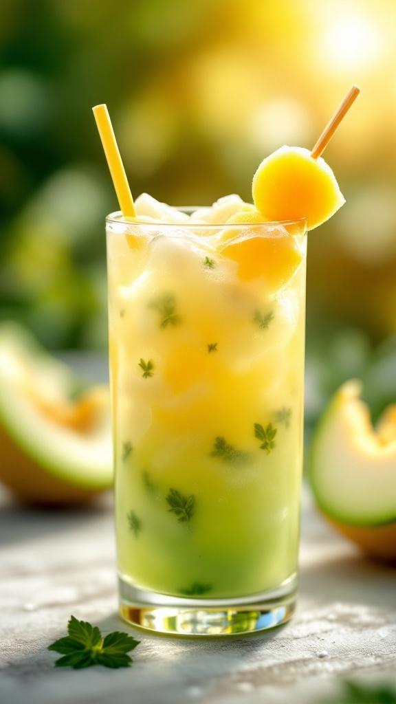 A refreshing Melon Bliss Mocktail with a garnish of melon and mint.
