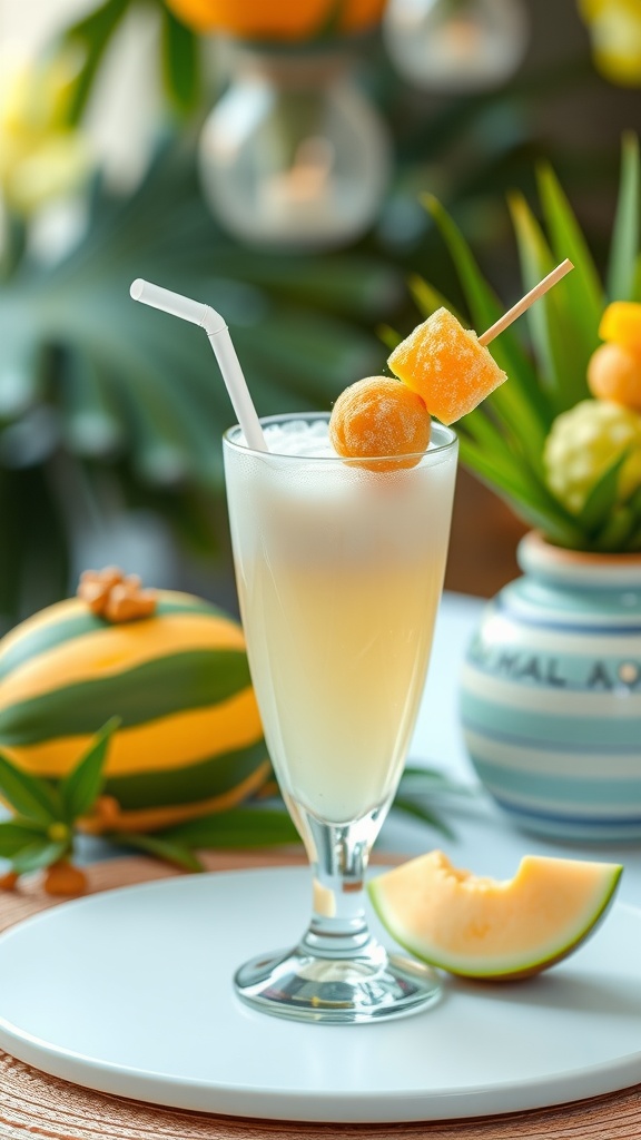 A refreshing Melon Breeze Mocktail served in a tall glass with a straw and garnished with melon balls.