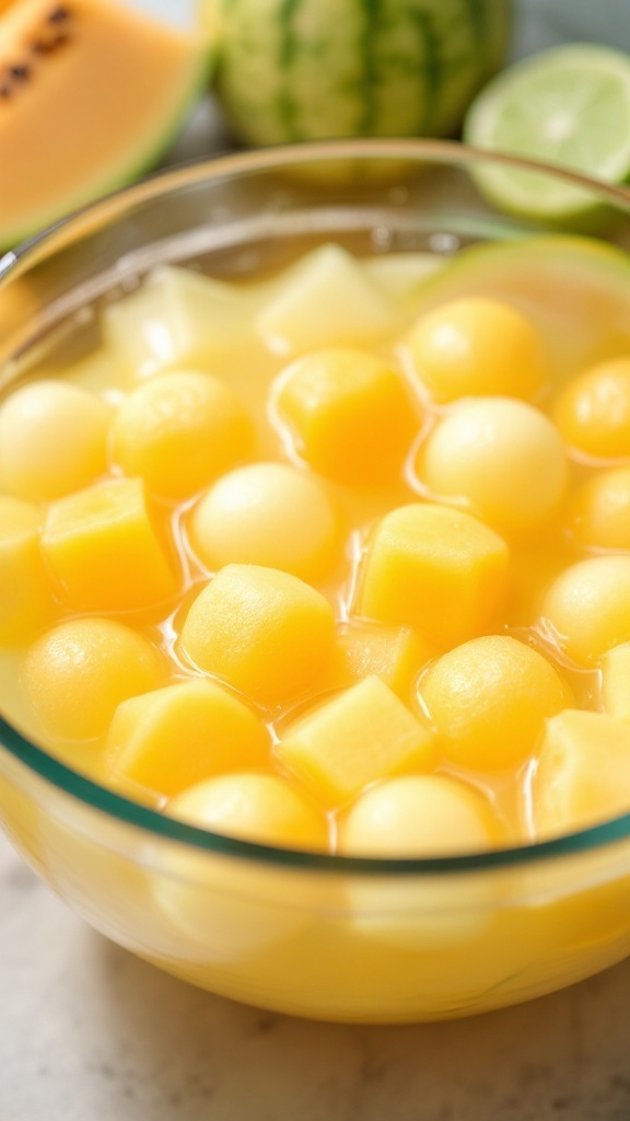 Bowl of Melon Mango Punch Mocktail with fruit pieces