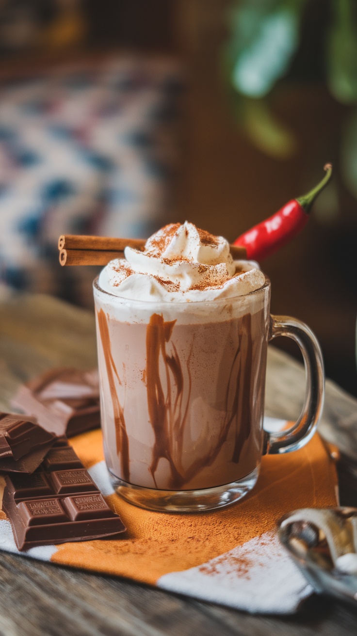 A glass of Mexican Spiced Chocolate Mocktail topped with whipped cream, cinnamon, and a red chili pepper.