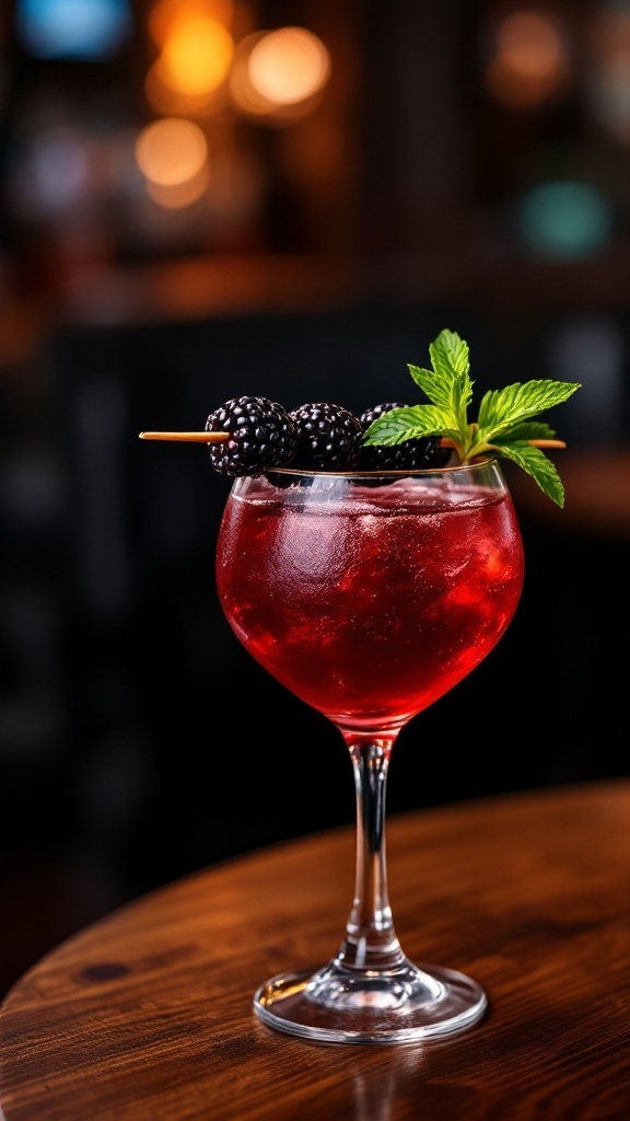 A vibrant mocktail garnished with blackberries and mint