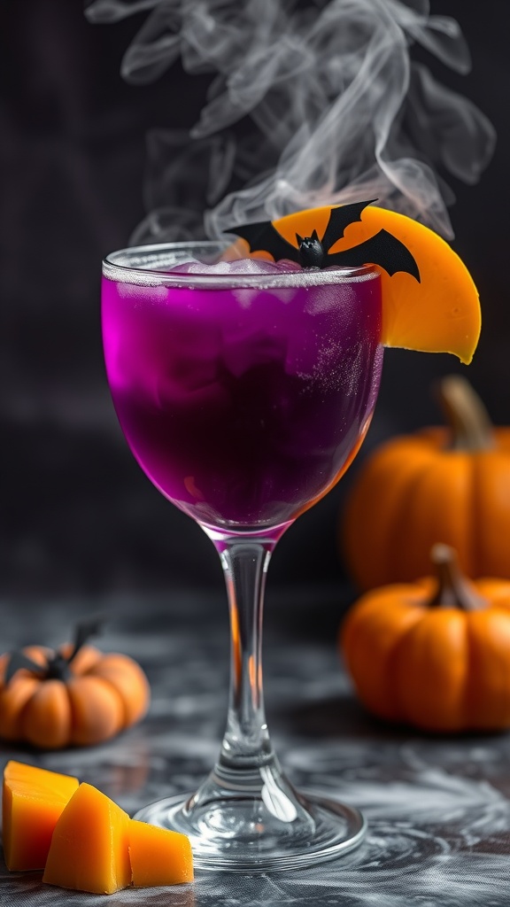 A spooky Midnight Mango Mist Mocktail with a bat garnish, surrounded by pumpkins.
