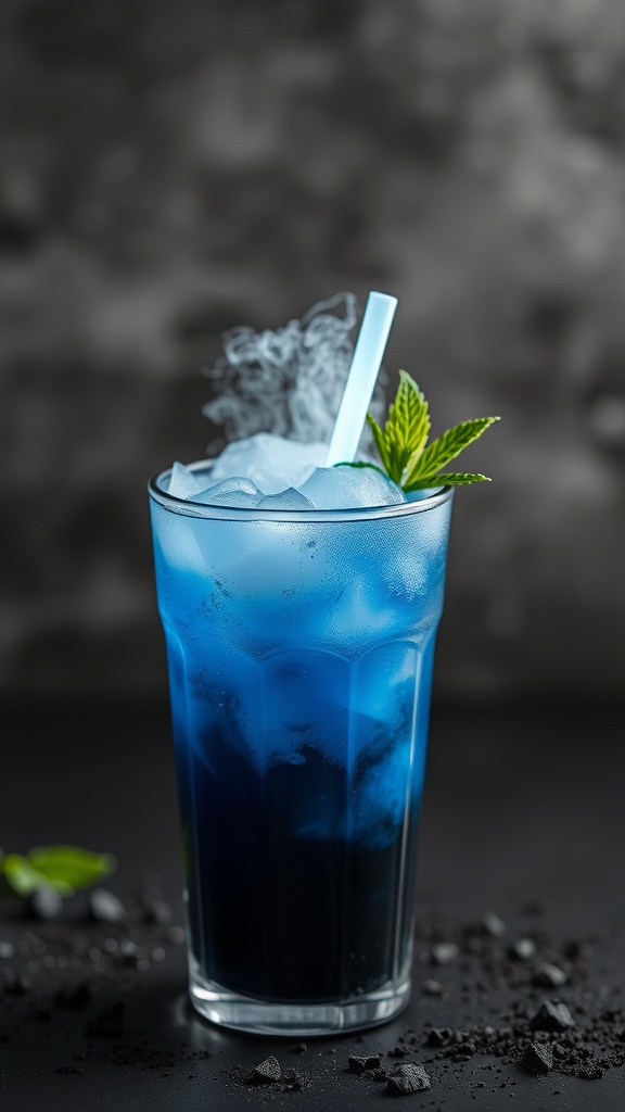 A blue mocktail with ice and mint leaves, resembling a spooky Halloween drink.