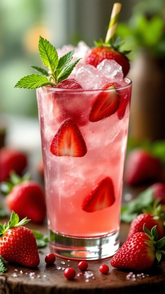 A refreshing mint julep mocktail with strawberries and mint leaves, served in a glass.
