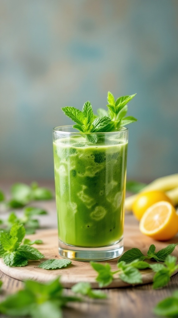 A refreshing glass of minty green juice garnished with mint leaves.