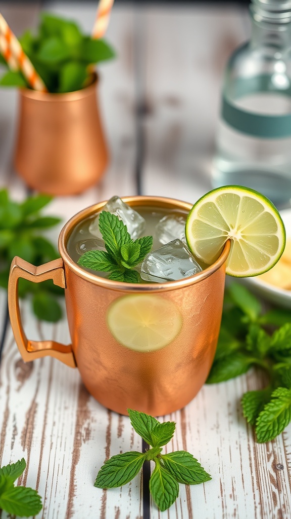 Copper mug filled with a refreshing minty mocktail garnished with lime slices