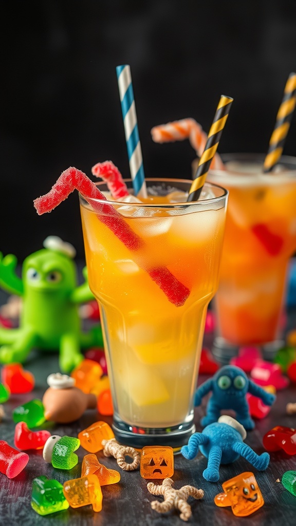 Two colorful mocktails with candy garnishes, surrounded by Halloween-themed decorations.